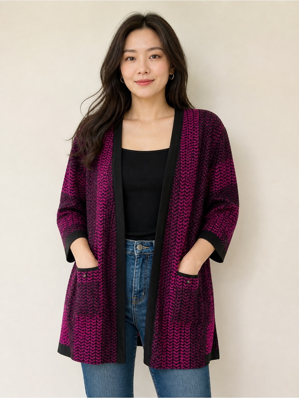 Ming Wang Open-Front Magenta and Black Knit Cardigan‎ Sweater 2X